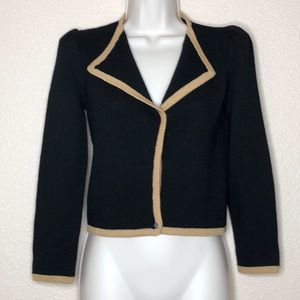 ST. JOHN Black/Camel Trim Ribbed Knit Cardigan